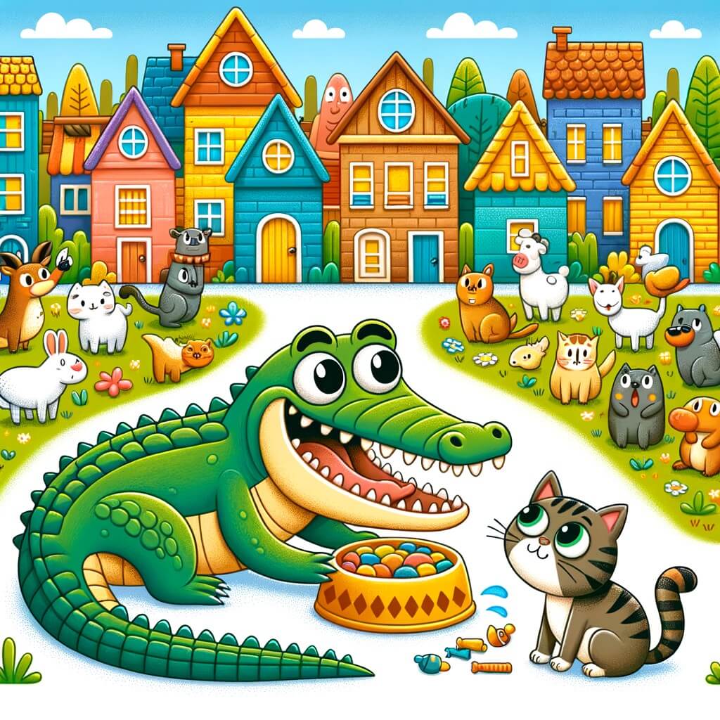 Une illustration pour enfants représentant un crocodile affamé qui cherche de la nourriture dans la ville d'Animauxville.