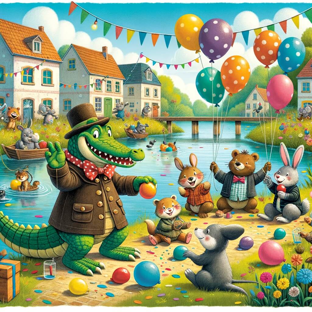 Une illustration destinée aux enfants représentant un crocodile farceur qui joue des tours amusants à ses amis animaux dans une petite ville au bord d'une rivière, avec une clairière colorée remplie de ballons, de guirlandes et de confettis.