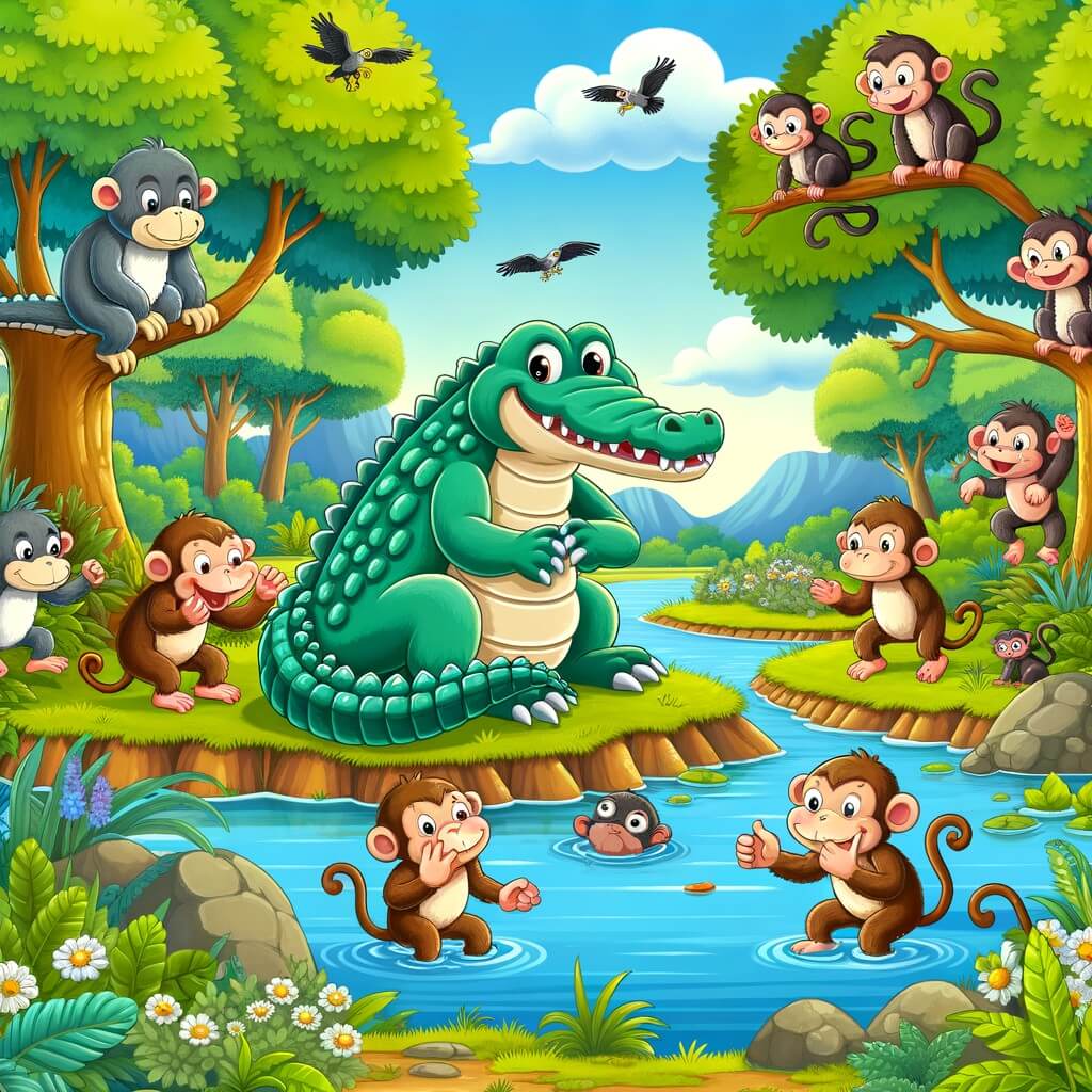 Une illustration destinée aux enfants représentant un crocodile espiègle qui joue des tours à ses amis animaux, accompagné d'un groupe de singes malicieux, dans une forêt luxuriante près d'une rivière scintillante.