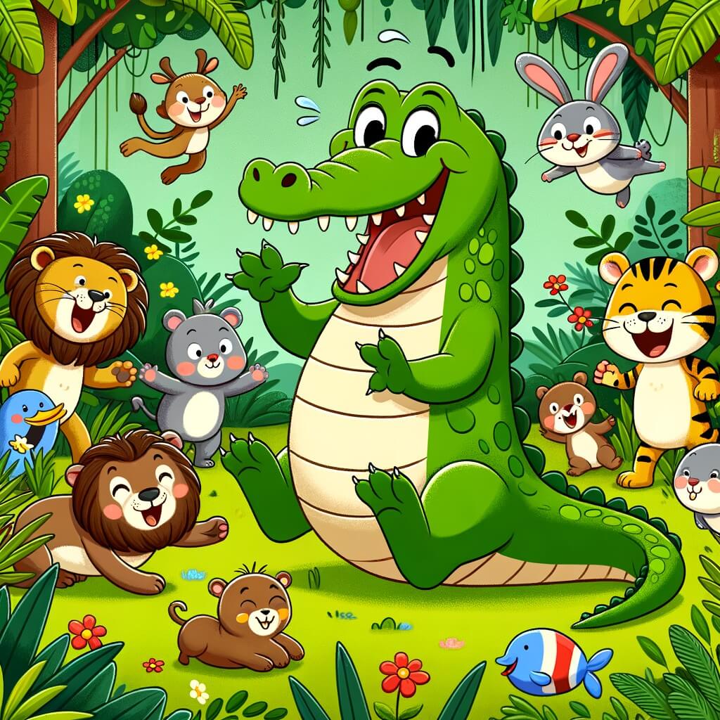 Une illustration destinée aux enfants représentant un crocodile farceur se trouvant au cœur d'une jungle luxuriante, accompagné d'animaux joyeux, dans une situation hilarante.