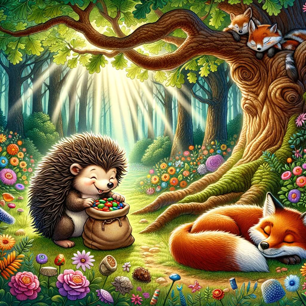 Une illustration destinée aux enfants représentant un petit hérisson malicieux découvrant un sac de bonbons près d'un renard endormi sous un majestueux chêne dans une forêt enchantée remplie de fleurs colorées et de rayons de soleil qui filtrent à travers les feuilles.