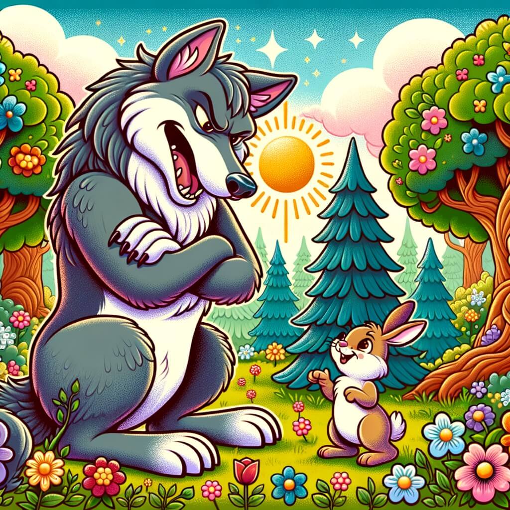 Une illustration destinée aux enfants représentant un grand loup fier et sûr de lui, se moquant d'un petit lapin joyeux dans une forêt enchantée, remplie d'arbres majestueux, de fleurs colorées et de rayons de soleil chatoyants.
