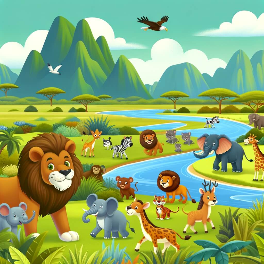Une illustration destinée aux enfants représentant un majestueux lion de la jungle se retrouvant dans une aventure amusante lors d'un safari, accompagné d'une joyeuse troupe d'animaux, dans les vastes plaines verdoyantes et les rives d'une magnifique rivière.