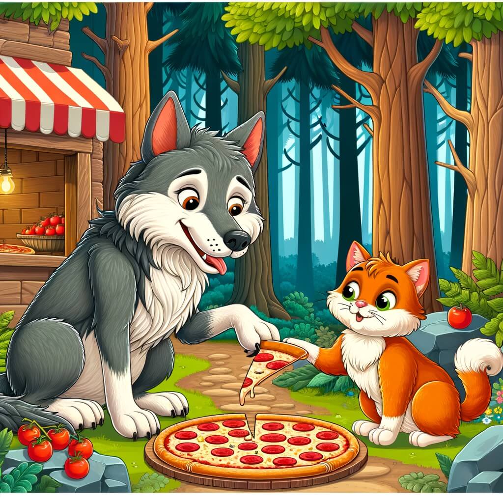 Une illustration destinée aux enfants représentant un loup affamé, se trouvant dans une pizzeria au milieu d'une forêt enchantée, où il rencontre un chat malicieux et sympathique qui l'aide à récupérer sa pizza tombée par terre.