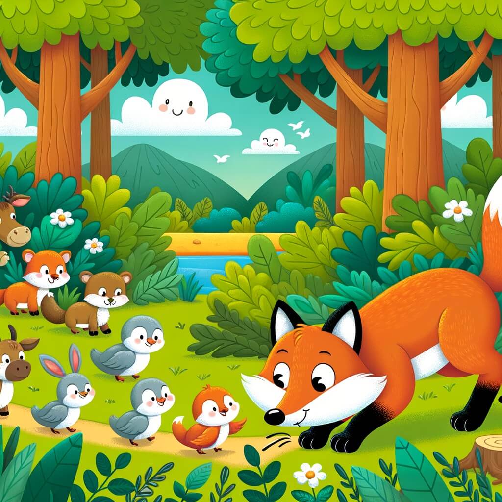 Une illustration destinée aux enfants représentant un renard malicieux, se faufilant dans une forêt luxuriante, accompagné d'un groupe d'animaux curieux, tandis qu'il prépare un tour amusant pour les surprendre.