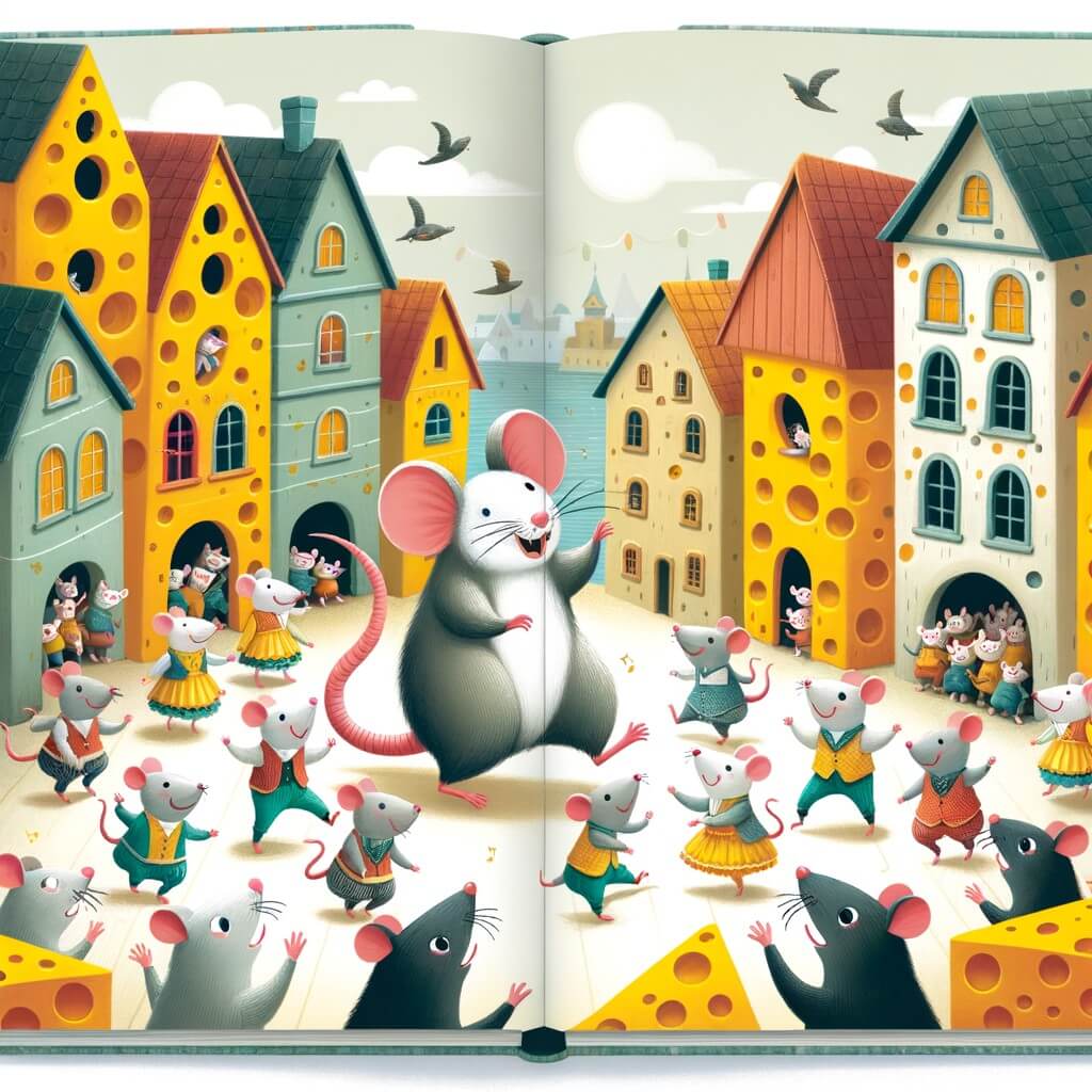 Une illustration destinée aux enfants représentant un petit rat malicieux qui participe à un concours de danse avec d'autres animaux, dans une charmante petite ville colorée remplie de maisons en forme de fromage et de ruelles étroites.