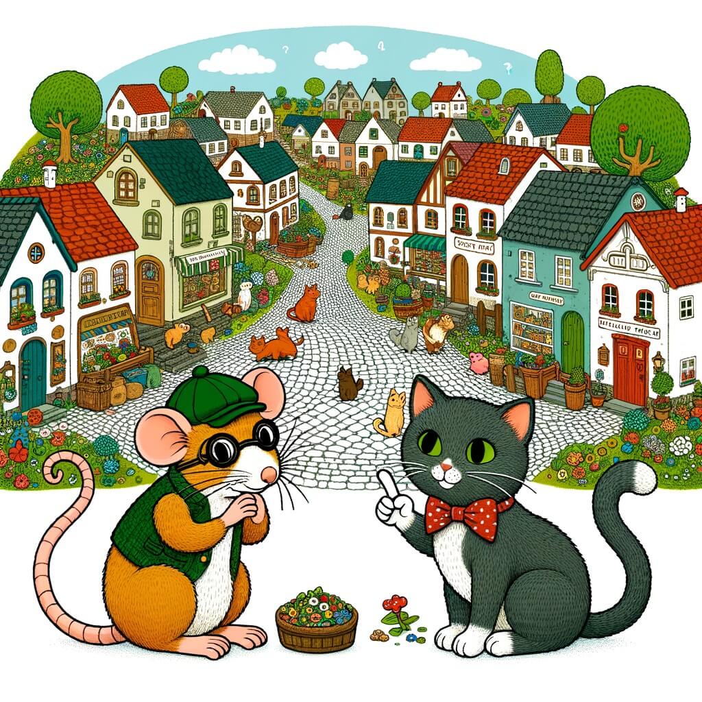 Une illustration destinée aux enfants représentant un rat malin, accompagné d'un chat chanceux, se trouvant dans une petite ville animale remplie de maisons colorées, de rues pavées et de jardins fleuris.