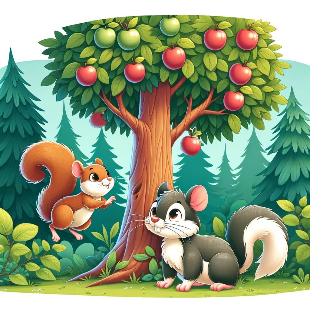 Une illustration destinée aux enfants représentant un petit rongeur malicieux, se trouvant devant un arbre fruitier trop haut pour lui, accompagné d'un écureuil bondissant, dans une forêt verdoyante et luxuriante.