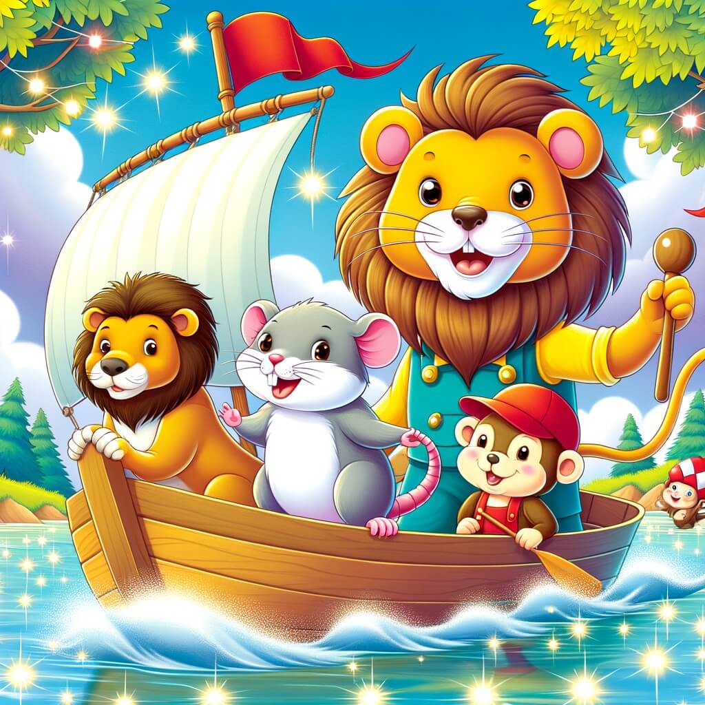 Une illustration destinée aux enfants représentant un petit rat malicieux naviguant sur un bateau avec un lion fier, un castor travailleur et un singe espiègle, dans un décor coloré et animé au bord d'une rivière scintillante.