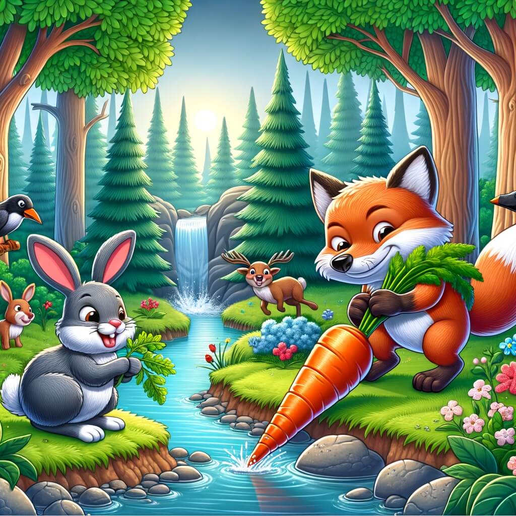 Une illustration destinée aux enfants représentant un renard malin et espiègle, jouant des tours à ses amis animaux de la forêt, avec un lapin émerveillé par une carotte géante en plastique, dans une forêt luxuriante avec de grands arbres, des buissons fleuris et un ruisseau scintillant.