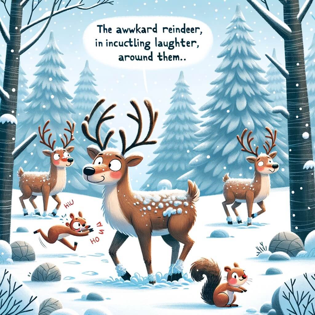 Une illustration pour enfants représentant un renne maladroit qui vit dans une forêt enneigée et qui se sent différent des autres animaux.