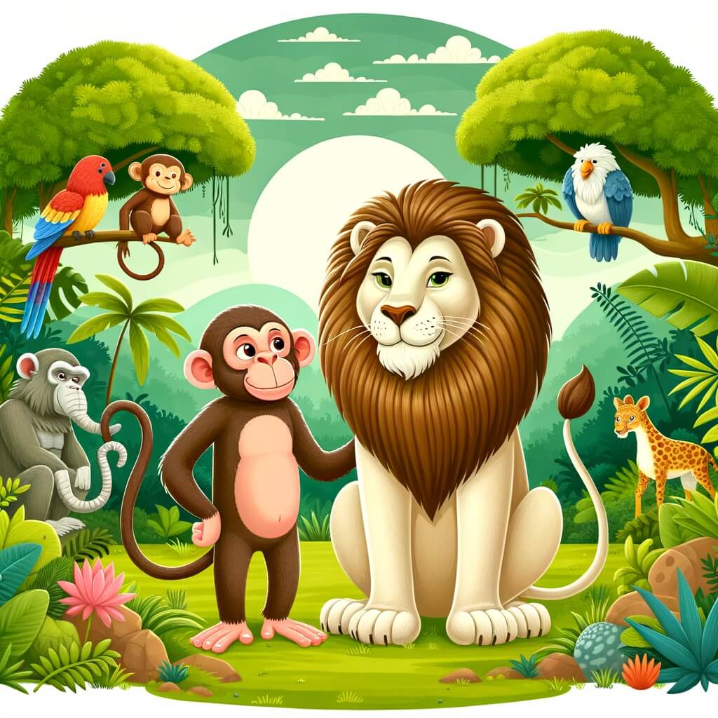 Une illustration destinée aux enfants représentant un majestueux lion sans crinière, accompagné d'un sage singe, dans une jungle luxuriante où les animaux vivent joyeusement ensemble.