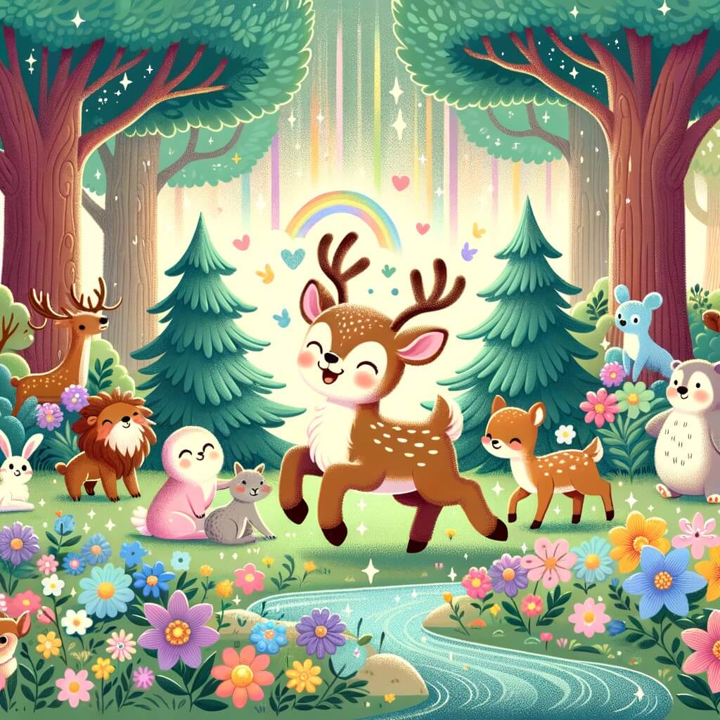 Une illustration destinée aux enfants représentant un petit renne espiègle, entouré de ses amis animaux, dans une forêt enchantée remplie de fleurs colorées, d'arbres majestueux et d'un ruisseau scintillant.