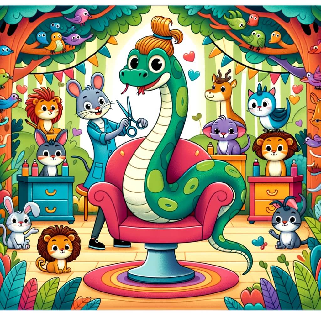 Une illustration destinée aux enfants représentant un serpent coiffeur plein de talent, entouré d'animaux rigolos, dans son salon de coiffure coloré niché au cœur d'une forêt enchantée.