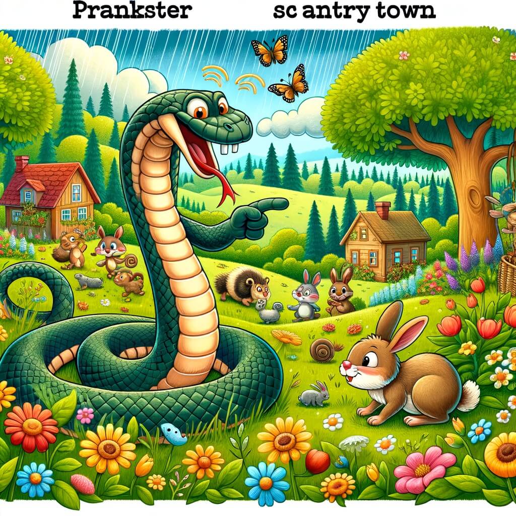 Une illustration pour enfants représentant un serpent farceur qui joue des tours à ses amis animaux dans une petite ville de campagne.