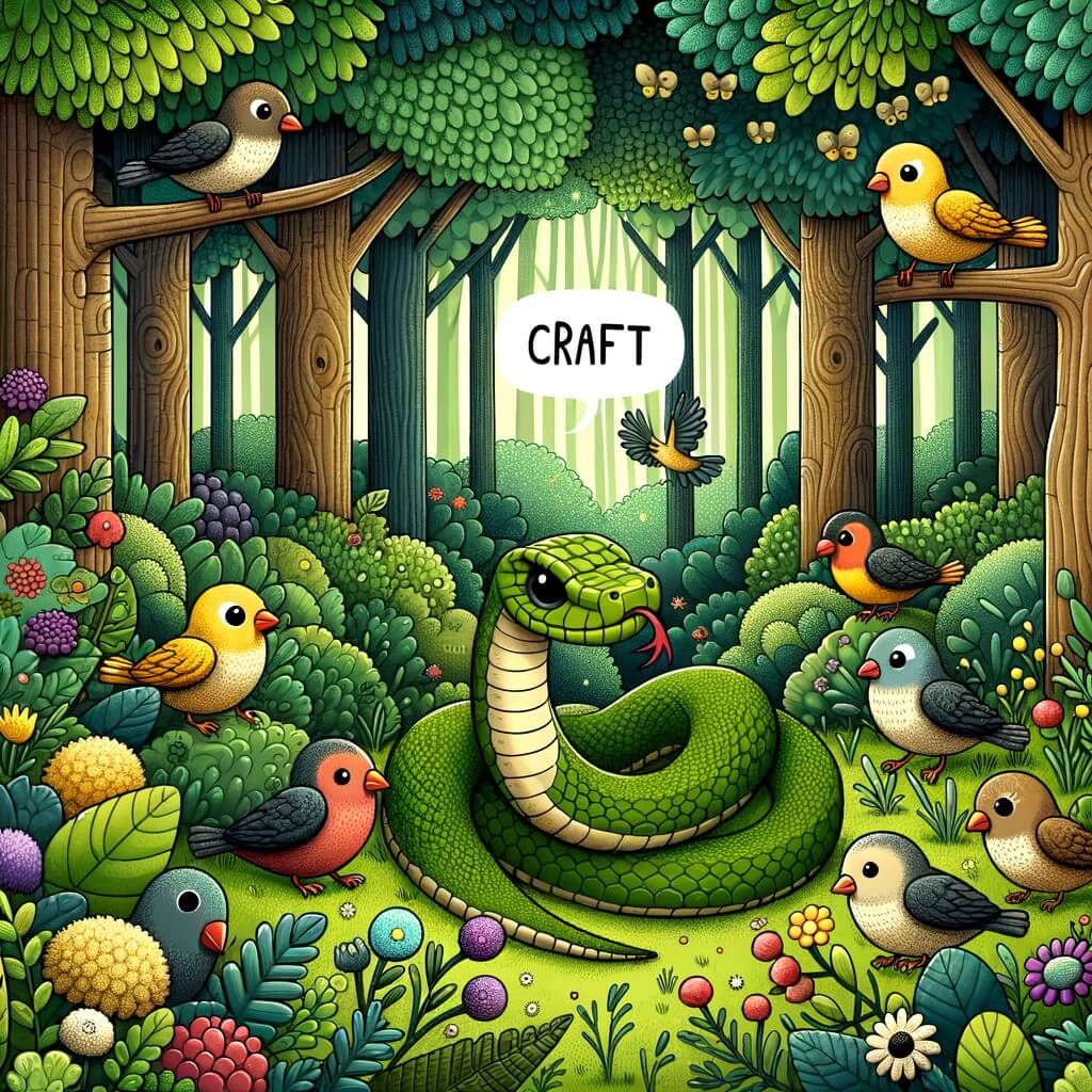 Une illustration destinée aux enfants représentant un serpent farceur se retrouvant dans une forêt dense et mystérieuse, accompagné d'un groupe d'oiseaux joyeux, dans un cadre verdoyant rempli d'arbres majestueux et de fleurs colorées.