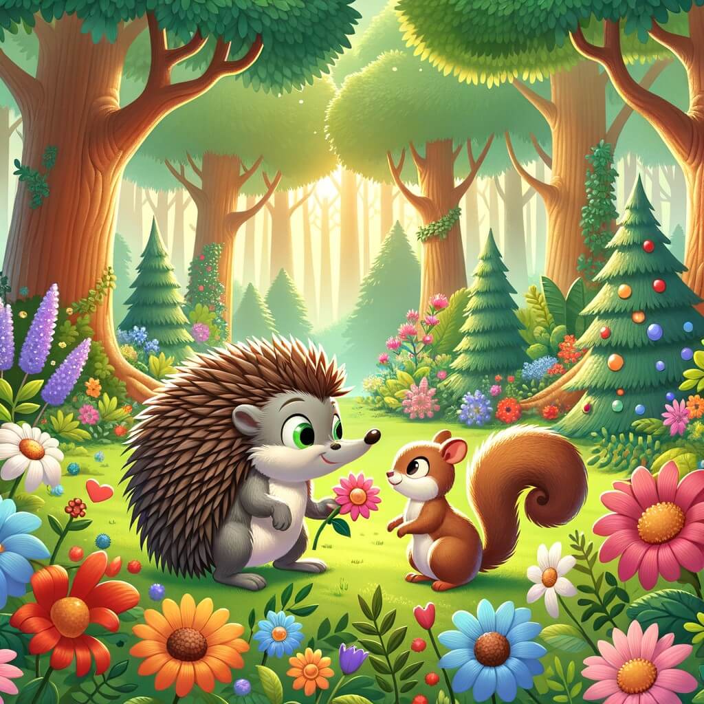 Une illustration destinée aux enfants représentant un hérisson curieux et aventurier qui fait la rencontre d'un écureuil dans une forêt enchantée pleine de fleurs colorées, d'arbres majestueux et d'animaux joyeux.