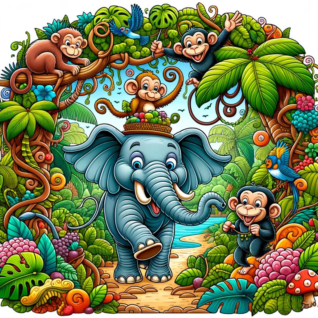 Une illustration destinée aux enfants représentant un éléphant malicieux et gourmand, vivant une aventure hilarante avec des singes facétieux, dans une forêt luxuriante remplie de palmiers et de lianes colorées.