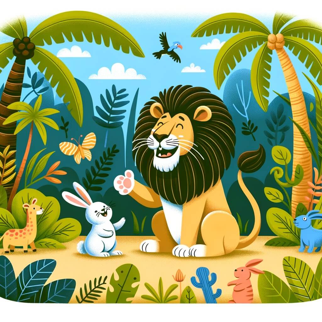 Une illustration destinée aux enfants représentant un lion majestueux, se retrouvant dans une situation comique avec l'aide d'un petit lapin, au cœur d'une jungle luxuriante remplie de palmiers, d'arbres exotiques et d'animaux colorés.