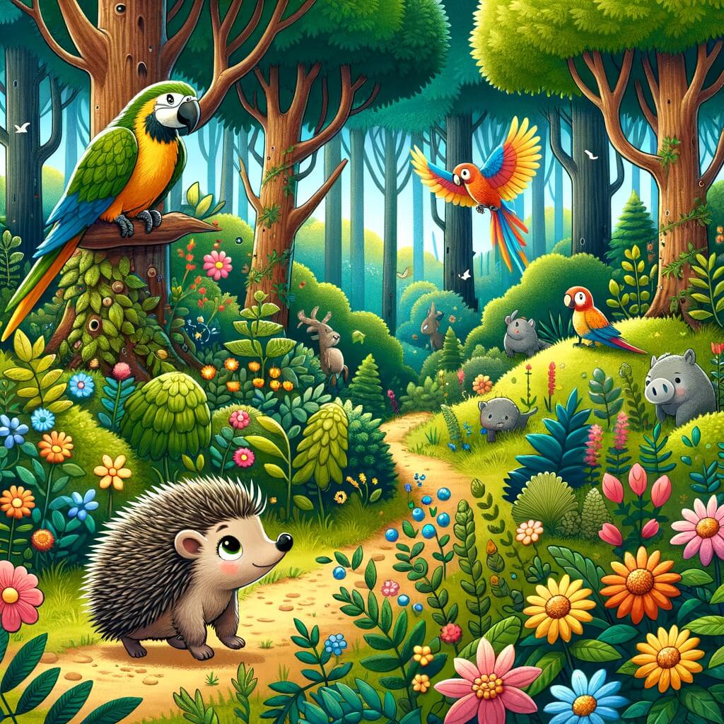 Une illustration destinée aux enfants représentant un petit hérisson aventurier, accompagné d'un perroquet perdu, explorant une forêt dense et colorée remplie de fleurs, d'arbres majestueux et de petits animaux curieux.