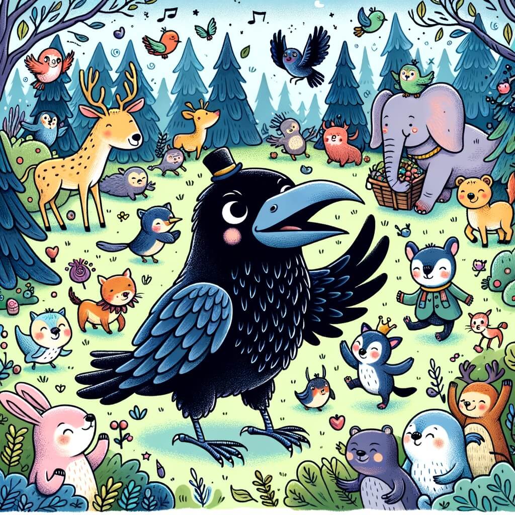 Une illustration destinée aux enfants représentant un corbeau farceur dans une forêt enchantée, accompagné d'animaux souriants, jouant et riant ensemble.