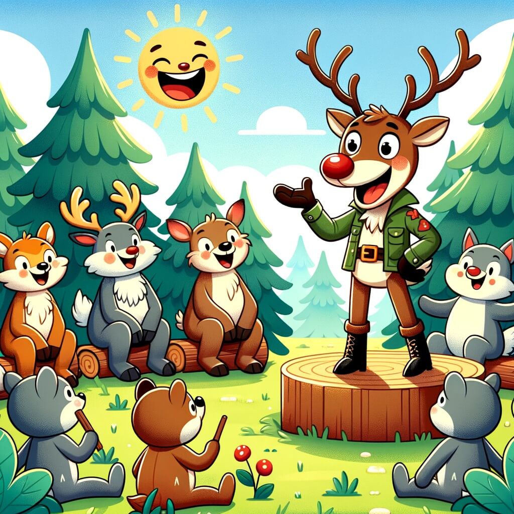 Une illustration destinée aux enfants représentant un renne espiègle, accompagné de ses amis animaux de la forêt, dans une clairière ensoleillée où ils se rassemblent pour rire et s'amuser lors d'un spectacle comique.