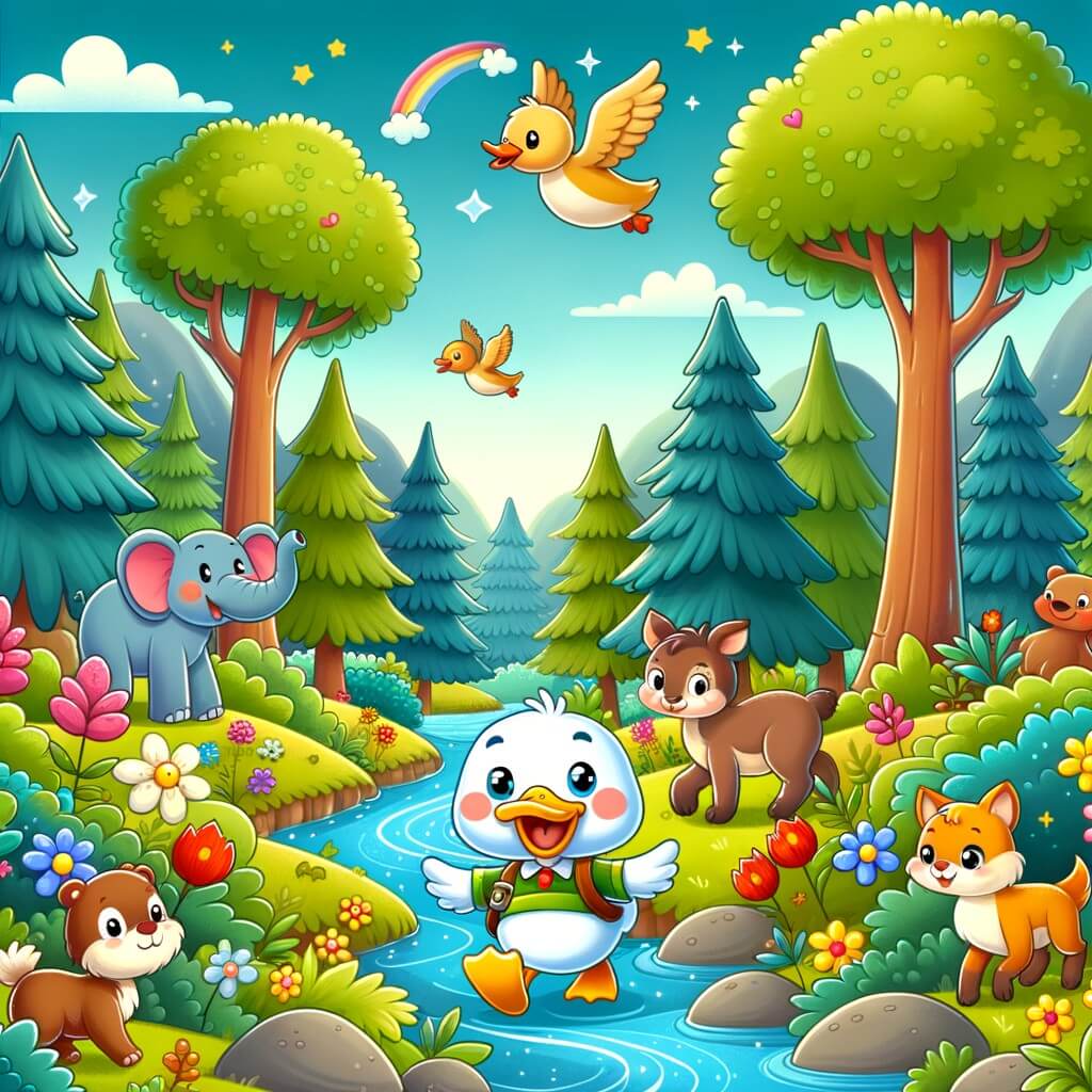 Une illustration pour enfants représentant un canard curieux et têtu, se lançant dans une aventure hilarante avec ses nouveaux amis animaux dans une ferme en bordure d'une forêt enchantée.