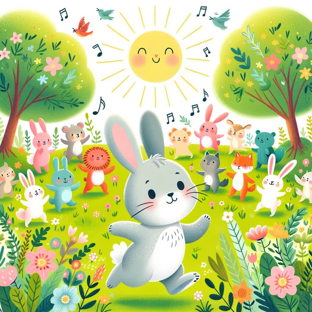 Une illustration pour enfants représentant un lapin qui découvre une fête animale dans un jardin verdoyant.