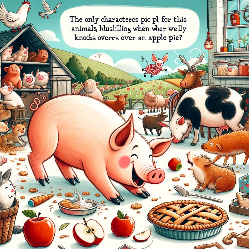 Une illustration destinée aux enfants représentant un joyeux cochon dans une ferme pleine d'animaux, qui se retrouve dans des situations amusantes, notamment lorsqu'il fait tomber une tarte aux pommes dans une cuisine colorée et pleine de vie.