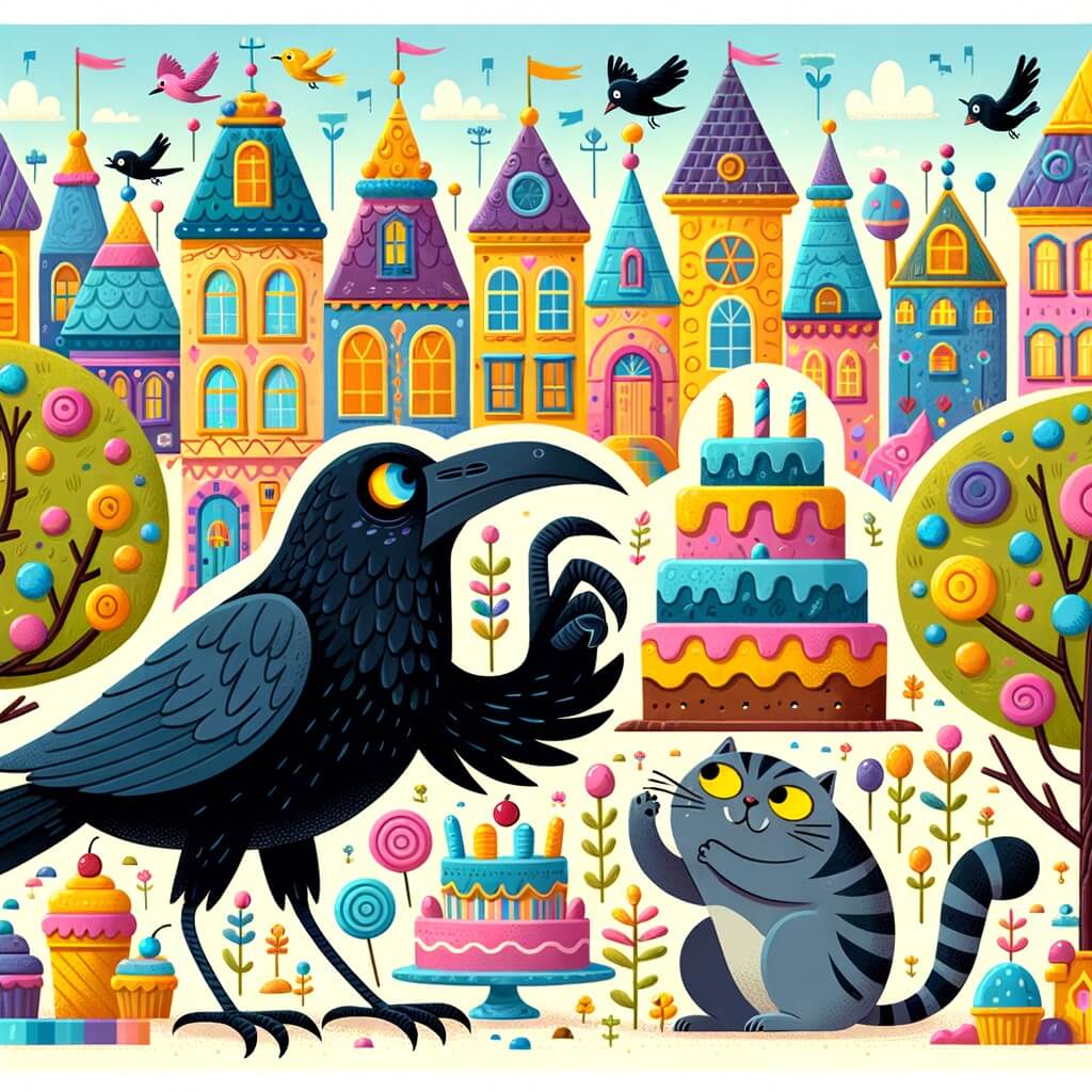 Une illustration pour enfants représentant un élégant corbeau affamé en quête de nourriture, cherchant un sandwich dans une petite ville animée.
