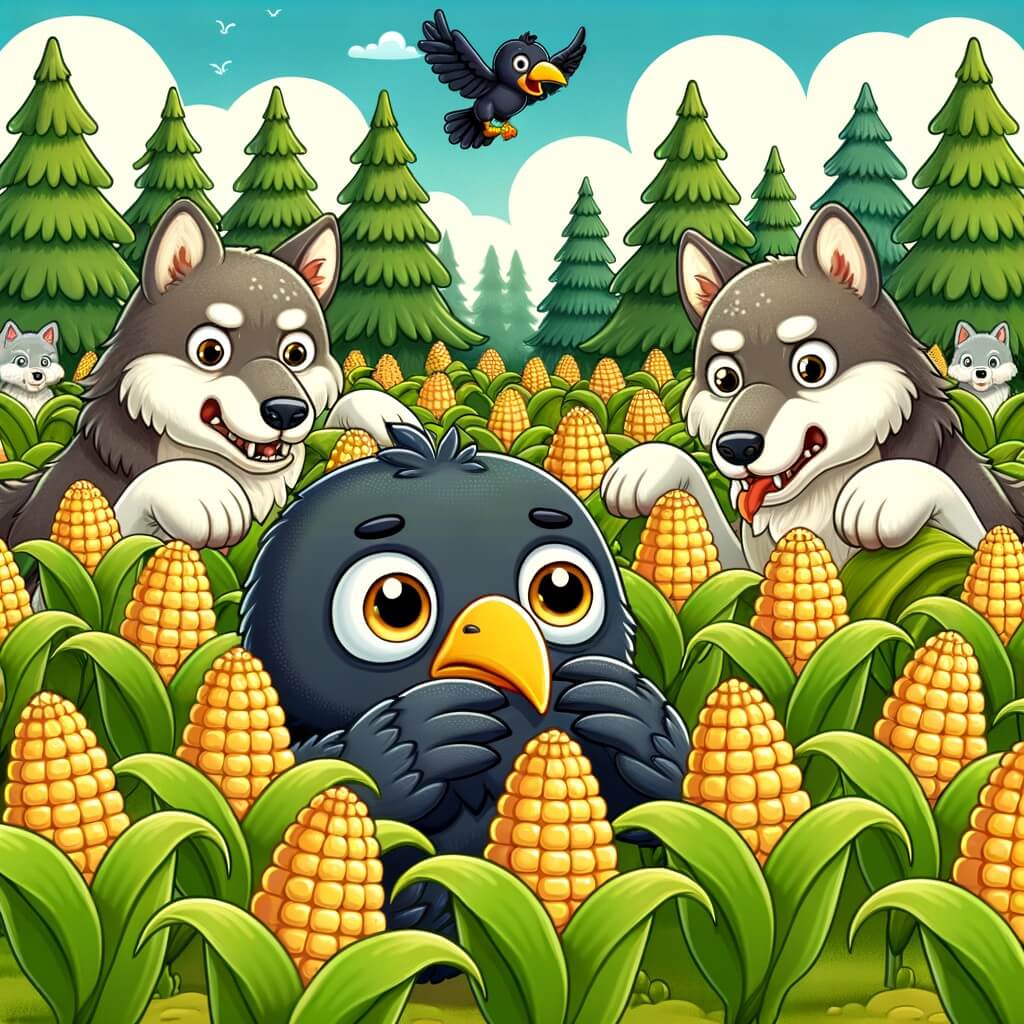 Une illustration destinée aux enfants représentant un corbeau malicieux et affamé, coincé dans un champ de maïs, avec une meute de loups qui approche, dans une forêt dense et verdoyante.