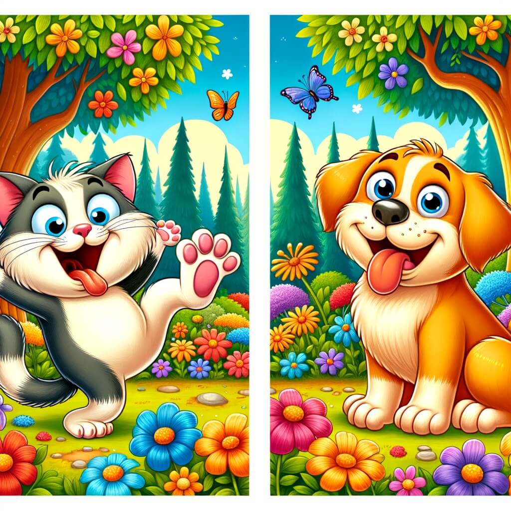Une illustration destinée aux enfants représentant un chat maladroit se retrouvant dans des situations loufoques et amusantes, accompagné d'un chien joyeux, dans un jardin coloré avec des fleurs multicolores et des arbres majestueux.