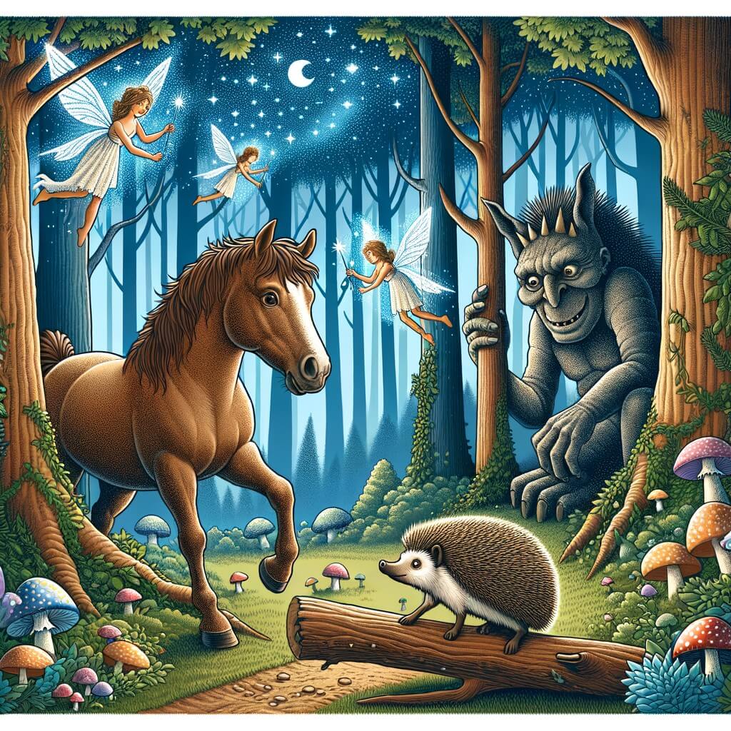 Une illustration destinée aux enfants représentant un cheval curieux et aventurier se liant d'amitié avec un hérisson perdu, dans une forêt enchantée remplie d'arbres majestueux, de fées étincelantes et de lapins géants effrayants.