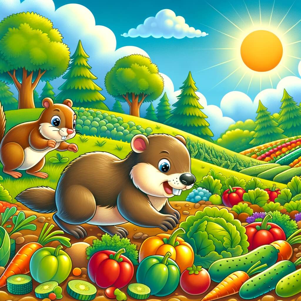 Une illustration destinée aux enfants représentant une marmotte pleine d'énergie, cherchant de la nourriture, accompagnée d'un écureuil, dans un champ coloré de légumes et de fruits, entouré d'arbres verdoyants et d'un ciel bleu ensoleillé.