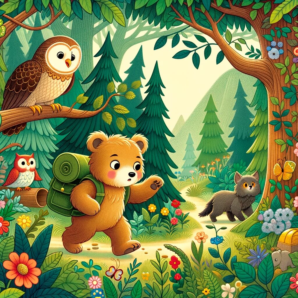 Une illustration destinée aux enfants représentant un ourson espiègle en train de chercher un trésor caché avec l'aide de son ami hibou sage, dans une magnifique forêt verdoyante remplie d'arbres majestueux et de fleurs colorées.