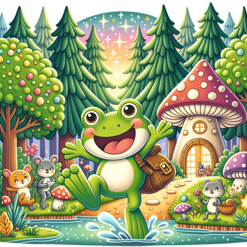 Une illustration destinée aux enfants représentant une joyeuse grenouille curieuse découvrant de nouvelles aventures avec ses amis animaux dans une forêt enchantée, entourée de grands arbres verts, d'un lac scintillant et d'une maisonnette champignon aux couleurs vives.