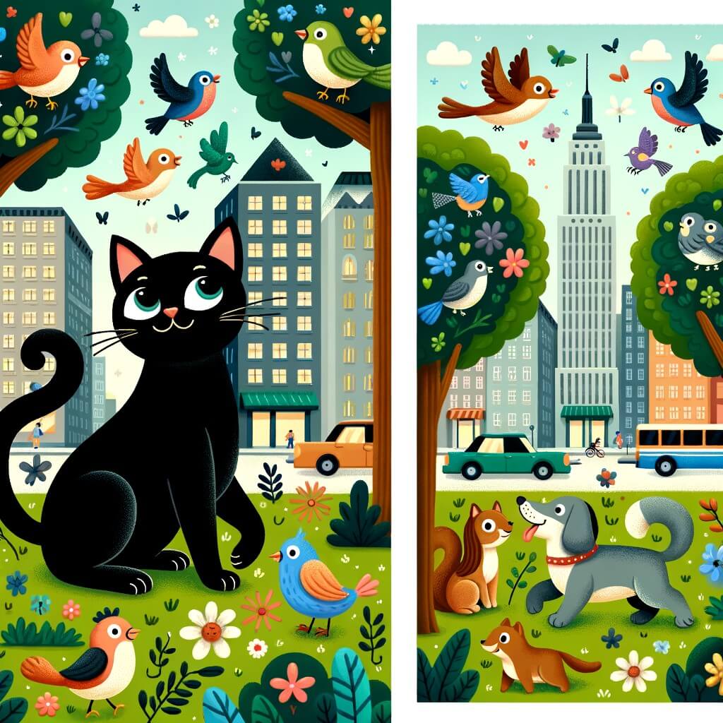 Une illustration destinée aux enfants représentant un chat noir élégant, se promenant dans une ville animée, accompagné d'un chien joyeux, à la découverte d'un parc verdoyant rempli d'oiseaux colorés et d'écureuils malicieux.