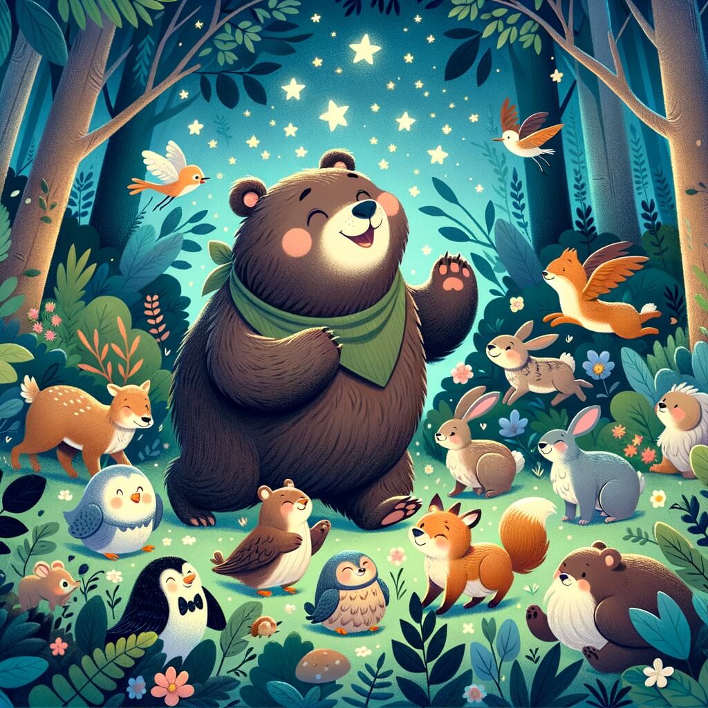 Une illustration destinée aux enfants représentant un adorable ours en train de vivre de joyeuses aventures avec ses amis animaux dans une forêt luxuriante et enchantée.