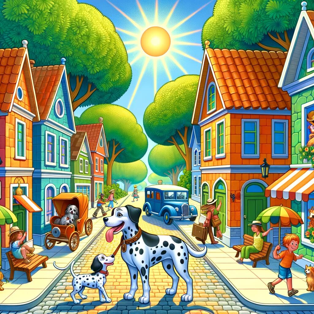 Une illustration destinée aux enfants représentant un chien joueur et curieux, accompagné d'un dalmatien voyageur, dans une petite ville colorée où les rues sont bordées de maisons aux toits en tuiles, les arbres sont hauts et verdoyants, et les enfants jouent dans un parc ensoleillé.