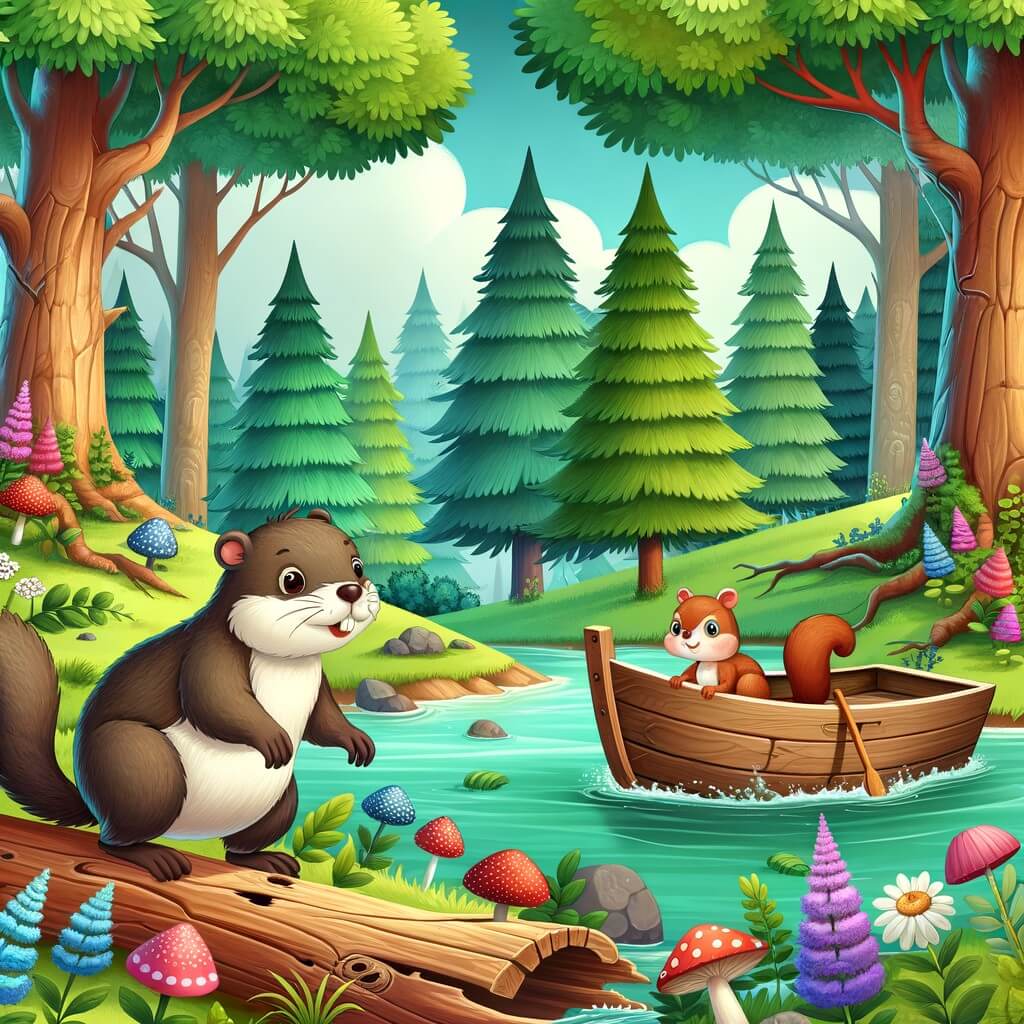 Une illustration destinée aux enfants représentant une marmotte curieuse, accompagnée d'un écureuil, découvrant un vieux bateau sur une rivière entourée d'arbres verdoyants et de fleurs colorées dans une forêt enchantée.