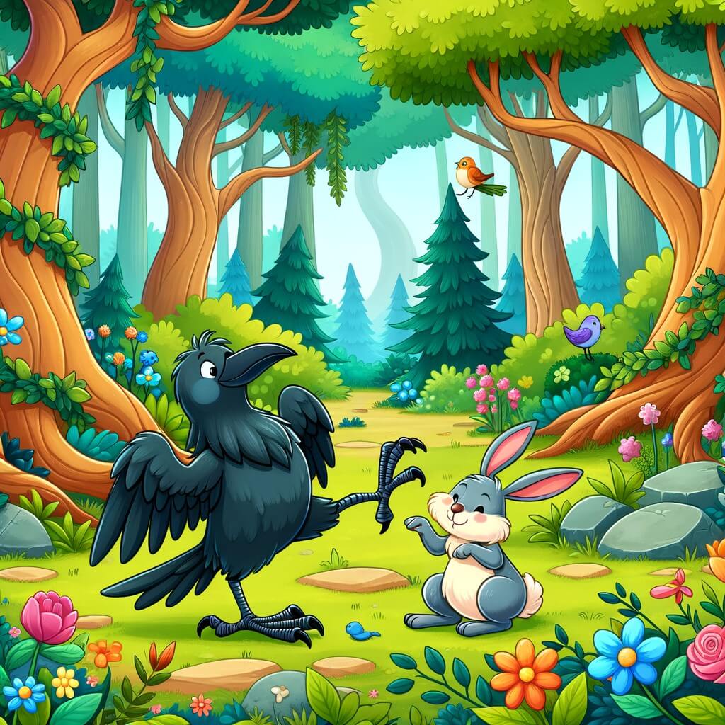 Une illustration destinée aux enfants représentant un corbeau maladroit se retrouvant dans des situations comiques, accompagné d'un lapin bienveillant, dans une forêt luxuriante remplie d'arbres majestueux et de fleurs colorées.