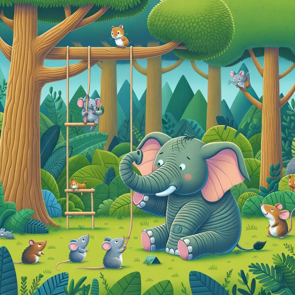 Une illustration destinée aux enfants représentant un éléphant maladroit qui tente de construire une balançoire avec l'aide d'une souris, dans une forêt luxuriante remplie d'arbres majestueux et de petits animaux curieux.
