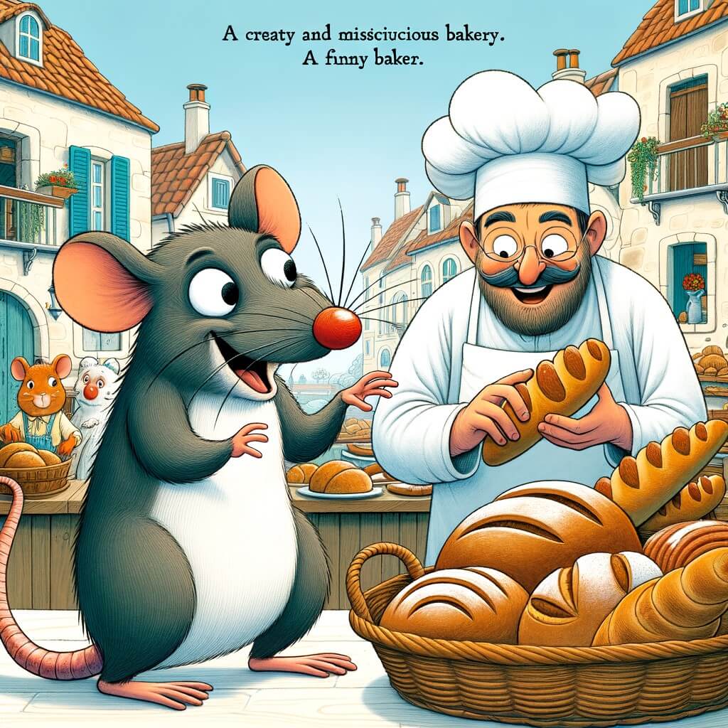 Une illustration destinée aux enfants représentant un rat malin et espiègle, se retrouvant dans une boulangerie animée, accompagné d'un boulanger rigolo, entouré de pains frais et appétissants, dans une petite ville appelée Sourisia.