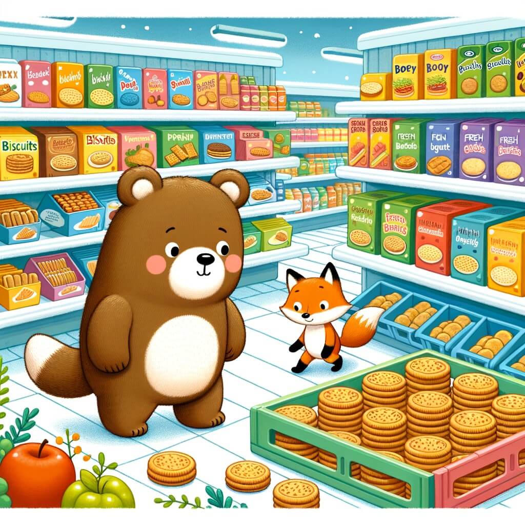 Une illustration destinée aux enfants représentant une adorable ourse à la recherche de biscuits frais, accompagnée d'un renard curieux, explorant un supermarché coloré rempli de rayons remplis de produits alimentaires.