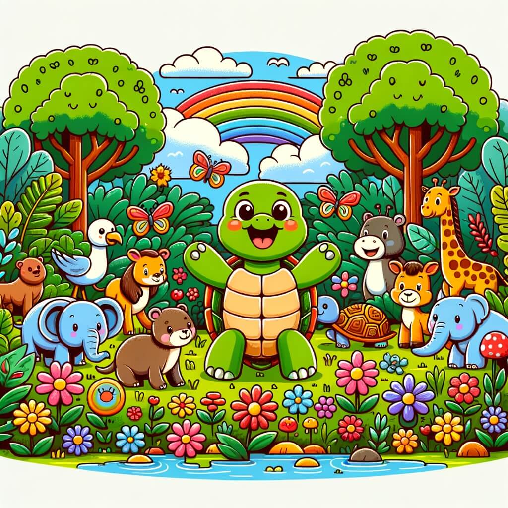 Une illustration destinée aux enfants représentant une tortue joyeuse, entourée d'animaux rigolos, dans un parc animalier coloré rempli de fleurs, d'arbres et de buissons verdoyants.