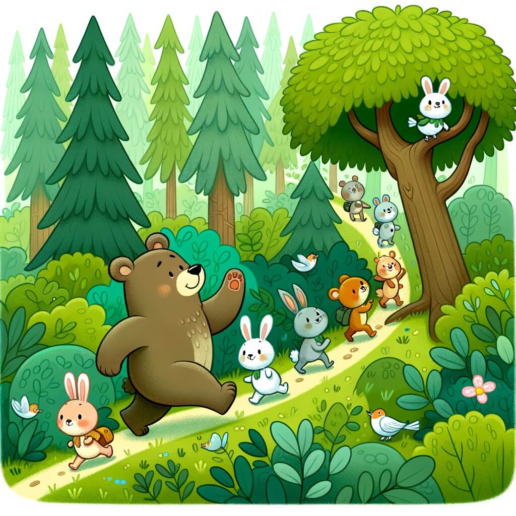 Une illustration destinée aux enfants représentant une ourse joyeuse et curieuse se promenant dans une forêt dense et verdoyante, accompagnée d'animaux adorables, à la recherche de la maison d'un petit lapin perdu.