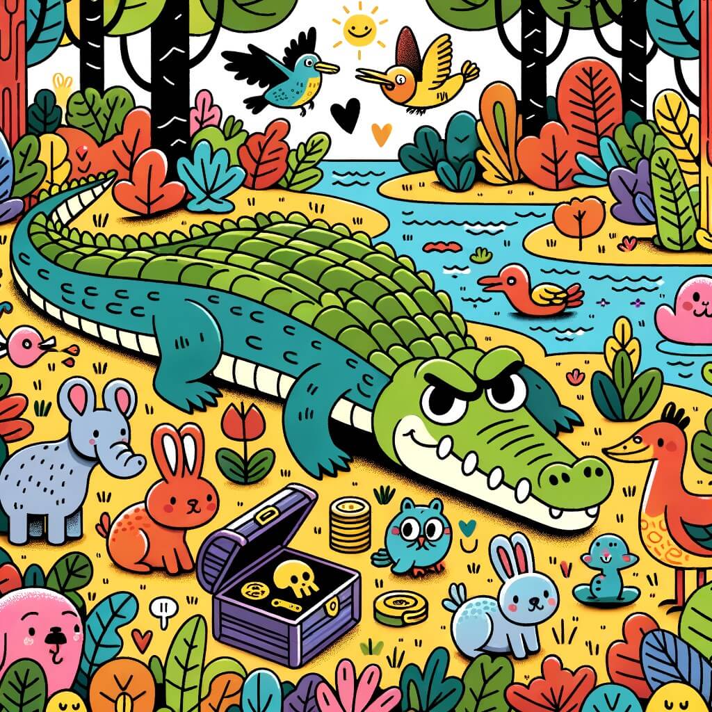 Une illustration destinée aux enfants représentant un crocodile grincheux se retrouvant dans une forêt colorée entourée d'animaux joyeux, à la recherche d'un trésor mystérieux.