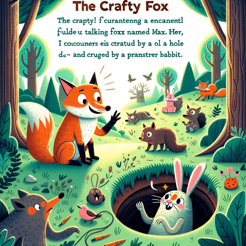 Une illustration pour enfants représentant un rusé renard en quête d'aventures, qui se retrouve coincé dans un trou piège creusé par un lapin dans la forêt.