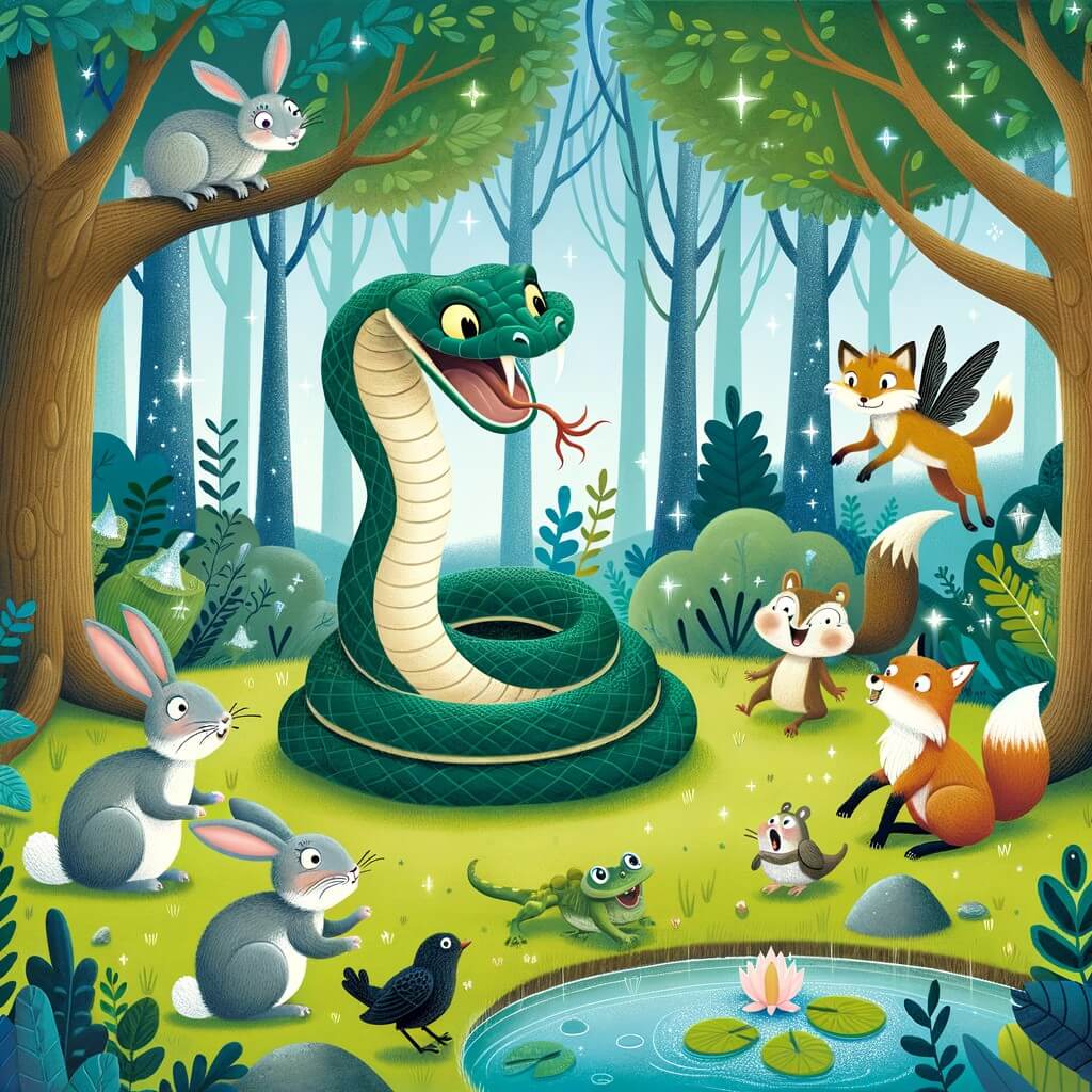Une illustration destinée aux enfants représentant un serpent farceur dans une forêt enchantée, accompagné d'animaux amusants, où les rires résonnent parmi les arbres majestueux et les fleurs colorées.