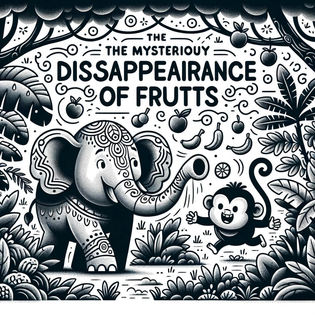Une illustration destinée aux enfants représentant un éléphant farceur dans une jungle luxuriante, accompagné d'un joyeux singe, qui se retrouve au cœur d'une mystérieuse disparition de fruits.